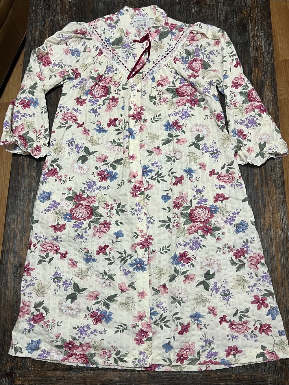 Miss Elaine Cream Floral Nightgown with Pink & Purple Flowers Snap Front